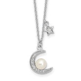 Sterling Silver Rhodium-Platedod-plated CZ and FWC Pearl Moon and Star 18in Necklace